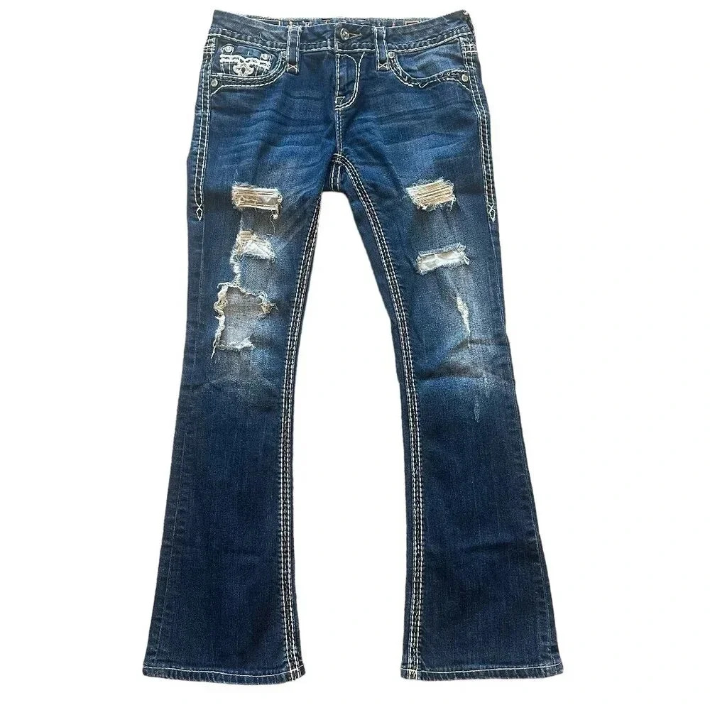 Rock Revival Jovie Boot Cut Jeans Distressed Dark Wash Pants Size 28 Women's